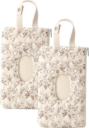 Generic Quilted Wipe Holder Floral Quilted Diaper Pouch Portable Bag, Portable Mommy Bag, Reusable and Hanging Floral Wet Wipes Bags (2BEIGE)