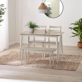 Furniturebox Lynton Small White & Grey Wooden Dining Table with 2 Chairs & Bench in Light Grey