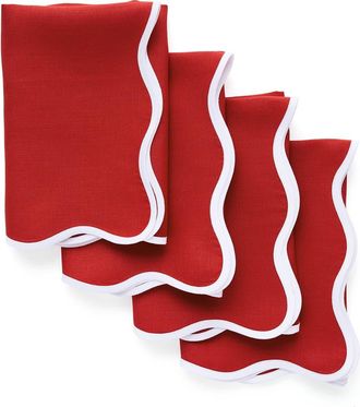 Solino Home Linen Dinner Napkins Set of 4, 20 Inch Round for Dining Table, Holiday and Everyday Table Decor - Giselle Scallop Edge in Christmas Red