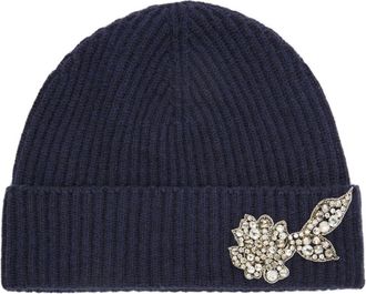 Erdem crystal-embellished ribbed-knit beanie - women - Brass/glass/Polyester/Cashmere/Nylon - One Size - Blue