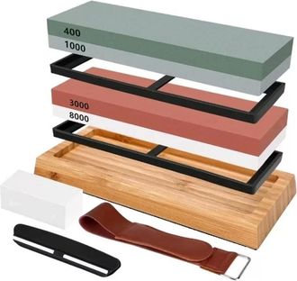 OEM Whetstone - 400 1000 3000 8000 Grit Double Sided Sharpening Stone Set With Bamboo Base Angle Guide Leather Strop And Flattening Stone - 1 Kit