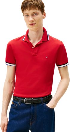 Tommy Hilfiger Mens Short Sleeve Casual Polo Shirts in Slim Fit with Stretch and Cuff Designs, Medium Red, S