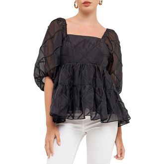 endless rose Square Neck Organza Babydoll Top in Black at Nordstrom Rack, Size X-Small