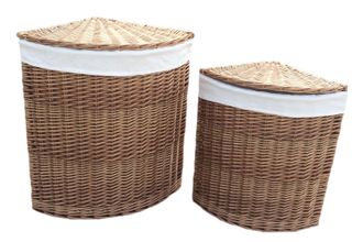 Red Hamper Set of 2 Cotton Lined Light Steamed Corner Laundry Baskets in Brown