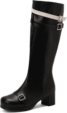 Generic Womens PU Leather Knee High Boots with Side Zipper Round Toe Long Boots with Buckle Block Heel Platform Shoes,Black,2.5 UK