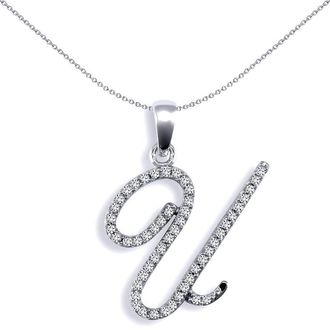 Jewelco London 9ct White Gold Diamond Calligraphy Initial Pendant Letter U - 9P106-U