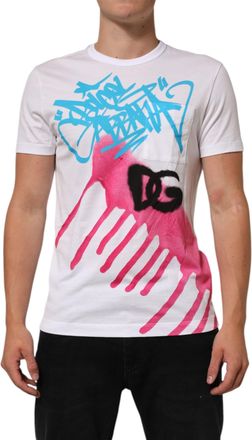 Dolce & Gabbana White Graphic Print Cotton Crew Neck Mens T-shirt