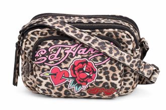 Ed Hardy Womens Cheetah Print Crossbody Bag with Tattoo Heart & Rose Graphic- Cheetah