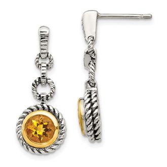 Diamond2Deal Sterling Silver Flash Gold-plated Antiqued Round Citrine Dangle Earrings