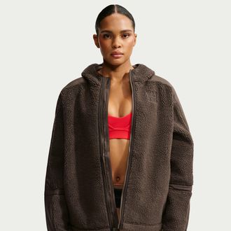 Nike Womens SKIMS Sherpa Oversized Full-Zip Hooded Jacket in Brown | IV6649-233