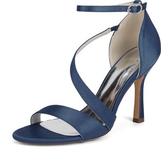 Generic Womens High Heels Wedding Bridal Shoes Satin Stilettos Sandals Comfortable Casual Dress Pumps Shoes 9.5Cm,Dark Blue,10 UK