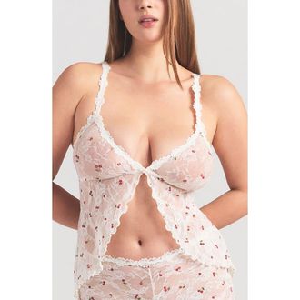 SKIMS Stretch Lace Babydoll Top in Ivory Cherry Print at Nordstrom, Size Xx-Small