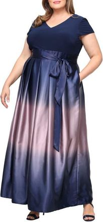 S.L. Fashions Short Sleeve Jersey Bodice Ombr&eacute; Satin A-Line Gown in Navy/Mauve at Nordstrom, Size 14W