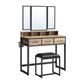 Vasagle Tocador con espejo plegable de 3 piezas y 3 cajones de color marr&oacute;n