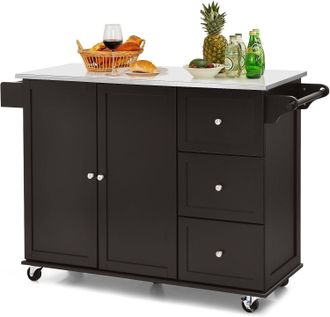 Costway Carrito De Cocina, Carrito De Servicio M&oacute;vil Con 3 Cajones, Carrito De Isla De Cocina Con Encimera De Acero Inoxidable, Armario De 2 Puertas, Toallero