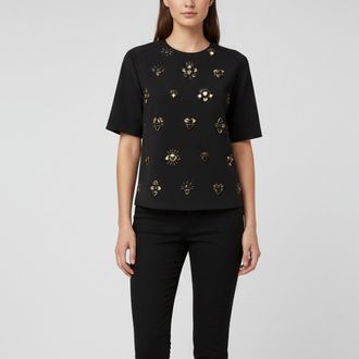 3.1 Phillip Lim Black Stretch Crepe Embellished Short Sleeve Top