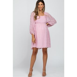 Pinkblush Textured Dot Smocked Square Neck Chiffon Dress at Nordstrom, Size Medium