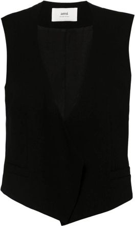 Ami Asymmetrisch Vest aan de Voorkant - Dames - Gillet - Zwart - S - Wol - Kostuums