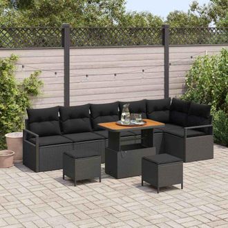 vidaXL Vidaxl - Conjunto De Sof&aacute; De Jard&iacute;n Con Coj&iacute;n 9 Pcs Negro Polirat&aacute;n