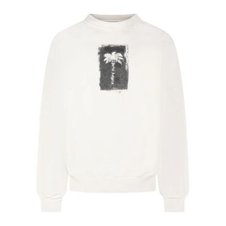 Palm Angels Palm Tree Loose Brushed Cotton Crewneck Sweatshirt - Heren - Sweatshirts & Hoodies - Wit - Maat: M Katoen