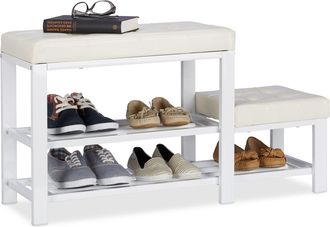 Relaxdays Relaxdays - Banco Zapatero Con Taburete Y 2 Niveles, Piel Sint&eacute;tica Y Metal, Blanco, 50 X 90 X 30,5 Cm