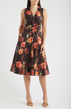 Tahari by ASL Shirred Bodice Sleeveless Stretch Cotton Midi Dress in Espresso Floral at Nordstrom, Size 16