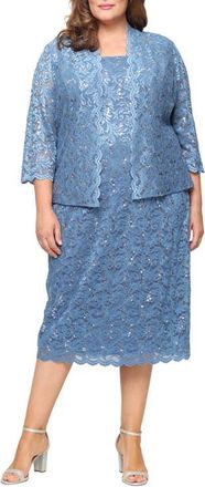 S.L. Fashions SLNY Floral Lace Sequin Cardigan & Dress Set in Ocean at Nordstrom, Size 16W