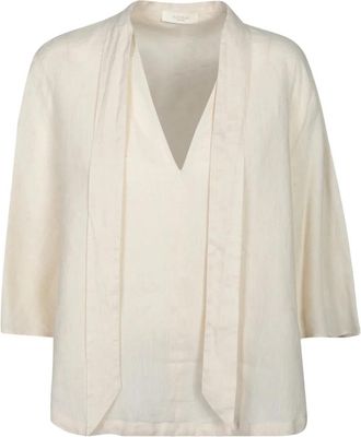 Incotex Witte Linnen Blouse V-Hals Elegante Stijl - Dames - Blouses - Beige - XS - Linnen - Overhemden
