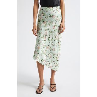 Alice & Olivia Maeve Mixed Print Asymmetric Satin Slip Skirt in Garden Gossip Light Sage at Nordstrom, Size 12