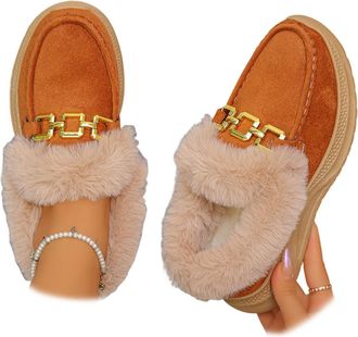 Generic Warm Plush-lined Loafers with Buckle,Low Top Round Toe Fur Lined Moccasins Women with Metal Buckle,Winter fur lined Snow Boots (Brown,7.5)
