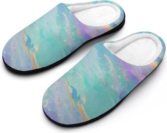 Generic Rainbow Shining Marble Neon Glitter Slippers Men Winter Warm Cotton Anti-Slip Indoor Slip-Ons House Shoes