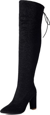 Generic Womens Pointed Toe Glitter Thigh High Boots Block High Heel Over The Knee Boots Lace Up Party Prom Shoes with Zipper,Black,5.5 UK