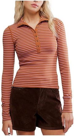 Free People Lake Henley Stripe Womens Clothing Cinnamon Combo : MD (Womens 8-10), Cotton/Elastane/Lyocell