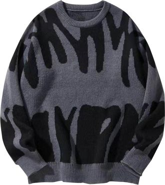 Generic Winter Jumpers for Men UK Knitted Pullover Vintage Print Loose Sweater Cable Knit Jumper Long Sleeve Soft Warm Knitwear Crewneck Sweaters for Men Soft