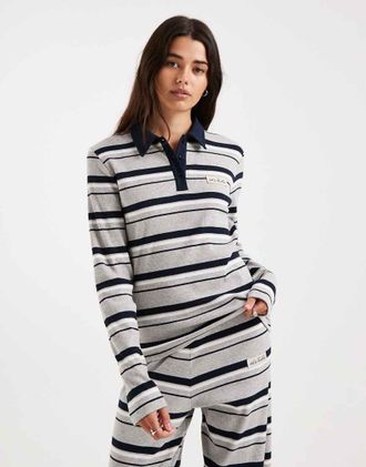 4th & Reckless Top a maniche lunghe in misto cotone a coste blu navy e grigio a righe con colletto e logo in coordinato-Multicolore