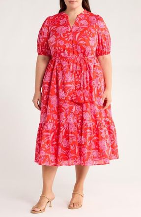 Sugarlips Aria Floral Beth Tiered Cotton Midi Dress in Red/pink at Nordstrom, Size 3X