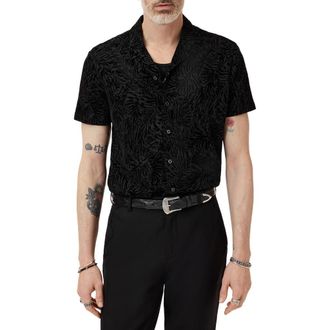 John Varvatos Matera Frond Jacquard Short Sleeve Organic Linen Button-Up Shirt in Black at Nordstrom Rack, Size Xx-Large