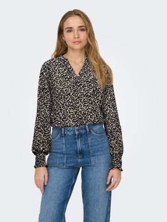 Only Blusenshirt ONLY ONLMETTE V-NECK LS SMOCK TOP NOOS WVN, Damen, Gr. XL, pumice stone aop:leo, Web, Obermaterial: 100% Polyester, bedruckt, regular fit 