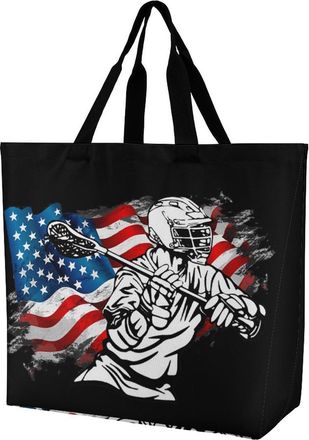 Generic Lacrosse U.S. Flag Reusable Shopping Bags One Shoulder Grocery Tote Bag Waterproof Big Purse for Work Travel