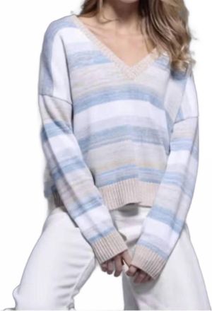 Minnie Rose Cotton Cashmere Marl Stripe Boxy V-Neck Sweater In Cameo Blue Combo