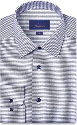 David Donahue Trim Fit Microcheck Stretch Cotton Twill Dress Shirt in Navy/White at Nordstrom, Size 15.5 - 32