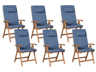 Beliani Set Di 6 Sedie Da Giardino In Legno Di Acacia Chiaro Pieghevoli Con Cuscini Blu Java