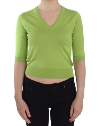 Dolce & Gabbana Womens Vneck Knit Top Short Sleeves - Lime Green Wool - Size EU 36 (Womens)