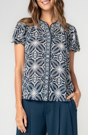 Liverpool L.A. Flutter Sleeve Mix Print Button-Up Top in Blue W Cream at Nordstrom, Size X-Large P