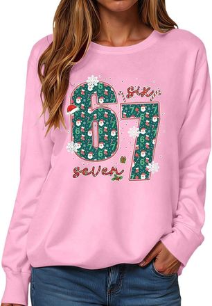 Generic Six Seven Christmas Jumpers for Women Christmas 67 Long Sleeve Sweatshirt Xmas Santa Six Seven Pullover Tops Pink