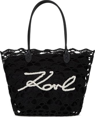 Karl Lagerfeld Intricate Openwork Crochet Tote Bag with Logo Detail