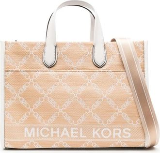 Michael Kors Stro Tassen met Leer Trim Monogram Jacquard - Dames - Shoppers - Beige - ONE Size - Leer - Tassen