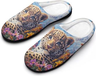 Generic Cute Leopard Womens Slippers Warm House Slippers Indoor House Shoes with Anti-Skid Rubber Sole
