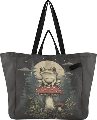 Generic Mushroom Frog Black pattern Reusable Canvas Tote Bag, Heavy Duty Grocery Shopping Bag with Large Capacity Double Handles Hard Bottom Work Groceries Tr
