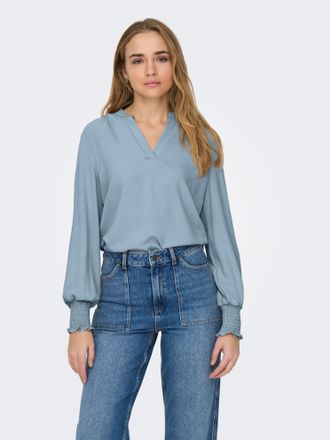 Only Blusenshirt ONLY ONLMETTE V-NECK LS SMOCK TOP NOOS WVN, Damen, Gr. 3XL, celestial blau, Web, Obermaterial: 100% Polyester, unifarben, regular fit norm